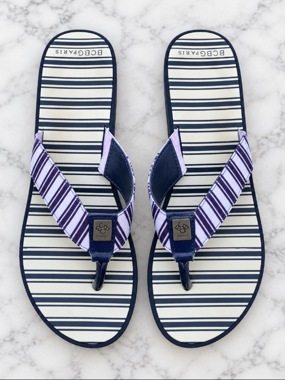 BCBG Paris Women’s Size 9 Navy Striped Wedge Sandals
